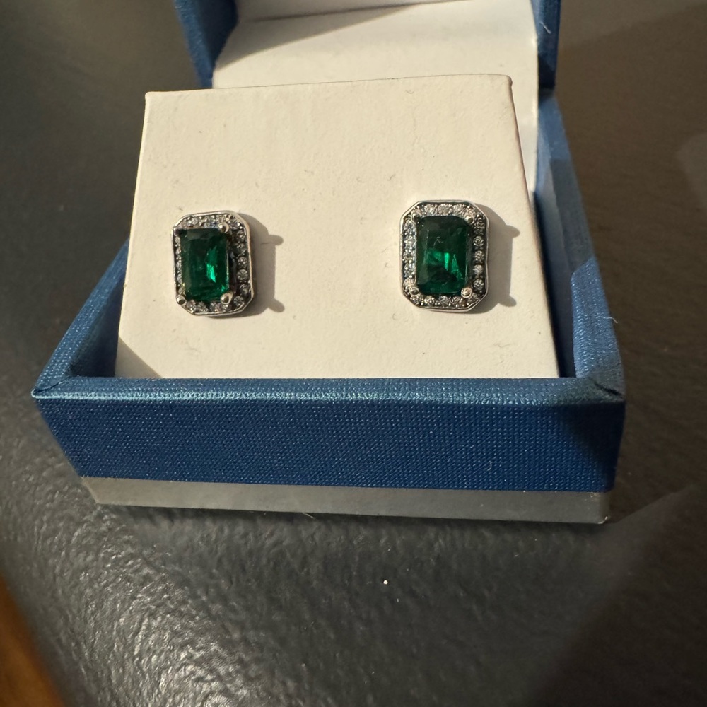 Ross & Simons 925 Sterling Silver Emerald Halo earrings